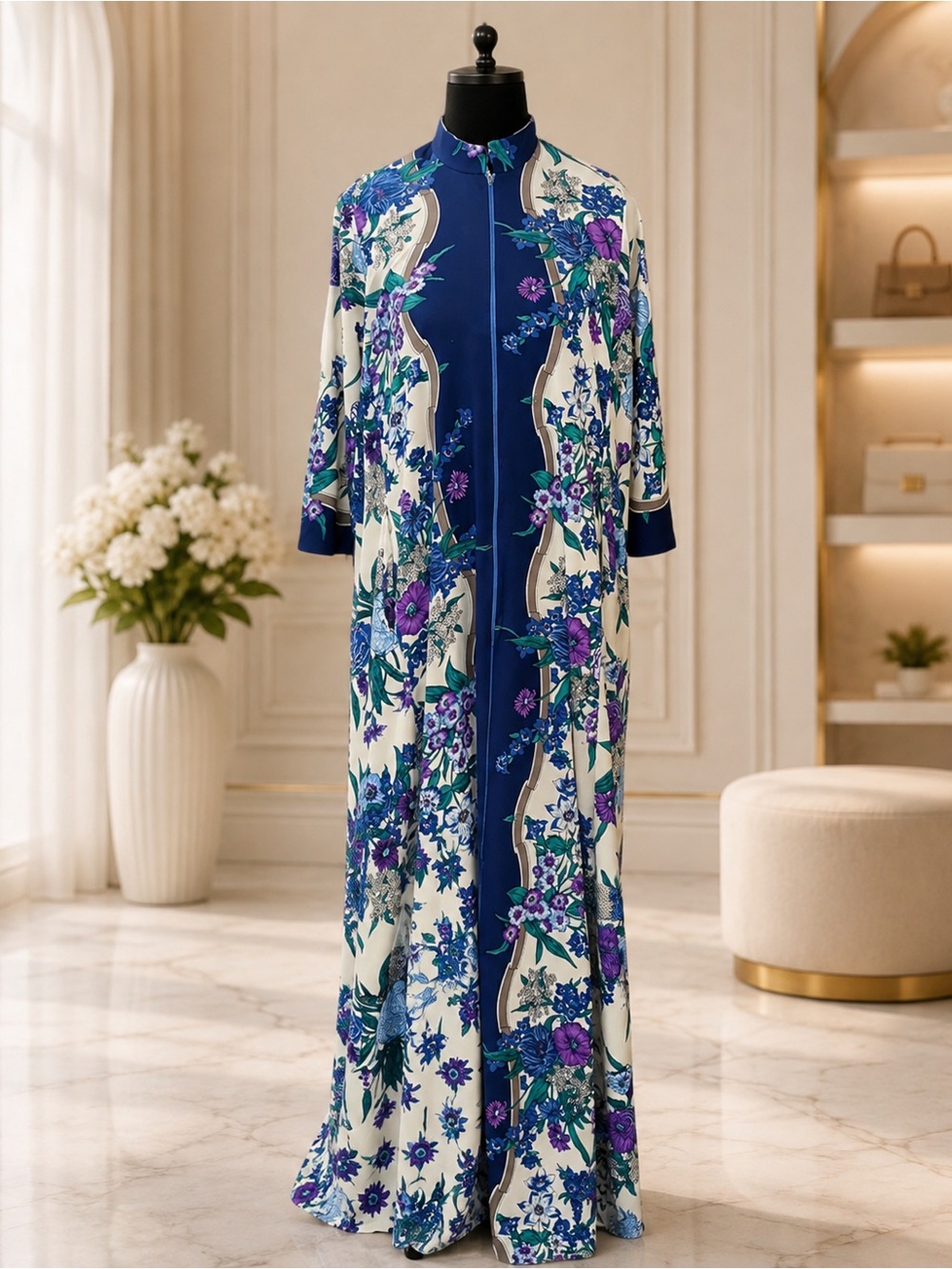 Floral Long Kimono Robe in Navy & Cream